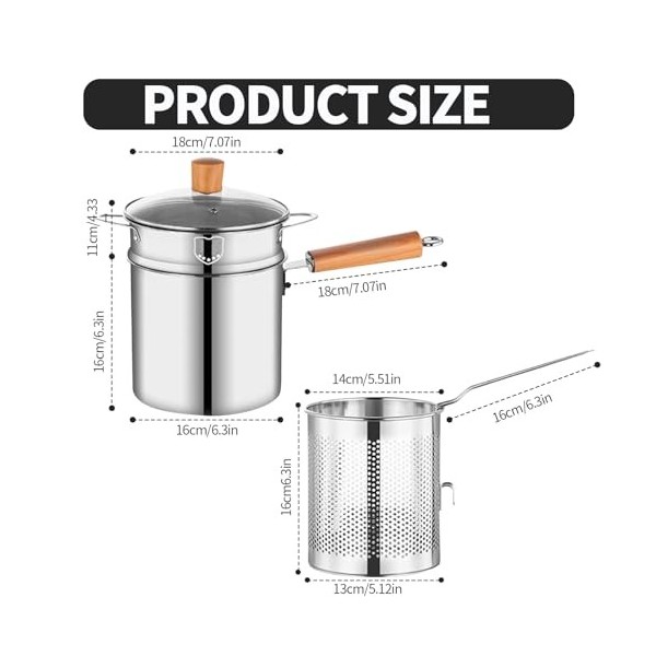 Petite friteuse profonde avec panier, couvercle, cuiseur vapeur et pinces, friteuse en acier inoxydable 304, friteuse à écono