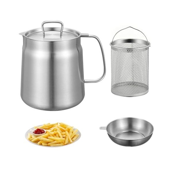 2 L Marmite, Mini Friteuse, Marmite avec Tamis, Marmite à Huile Multifonctionnelle en Acier Inoxydable 304, Récipient à Huile