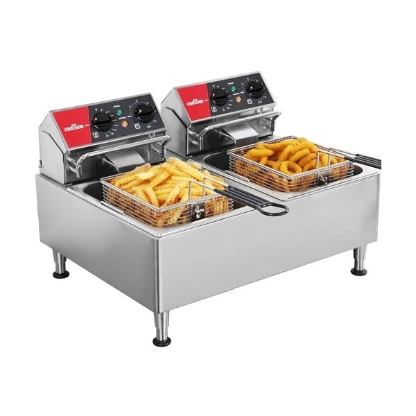 Friteuse électrique à double réservoir 26 lb répertoriée CROSSON ETL avec panier solide, réservoir d’huile amovible et pieds 
