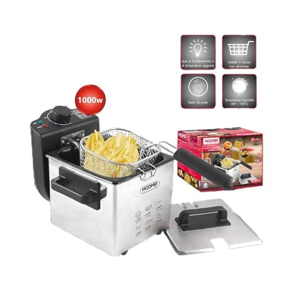 A2ZWORLD Friteuse Électrique 1000W Capacité 1,2L, Panier En Acier Inoxydable, Friteuse Température Réglable Max 190°C, Cuisso