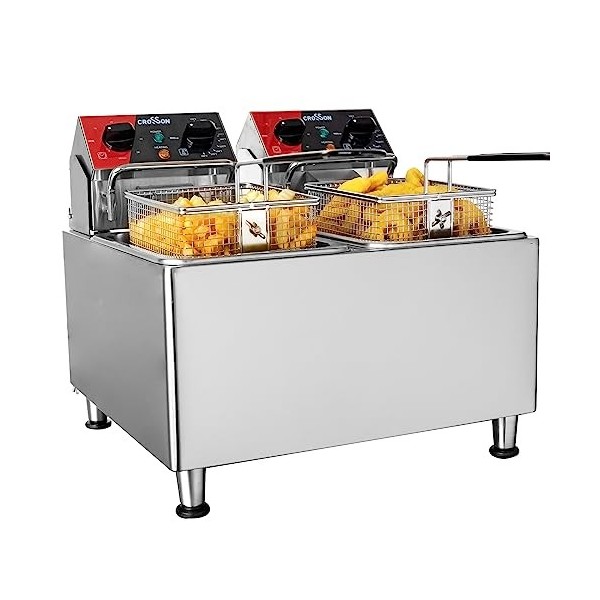 Friteuse électrique CROSSON 8L avec double réservoir et tête de friteuse rotative, minuterie de 30 minutes, thermostat EGO, f
