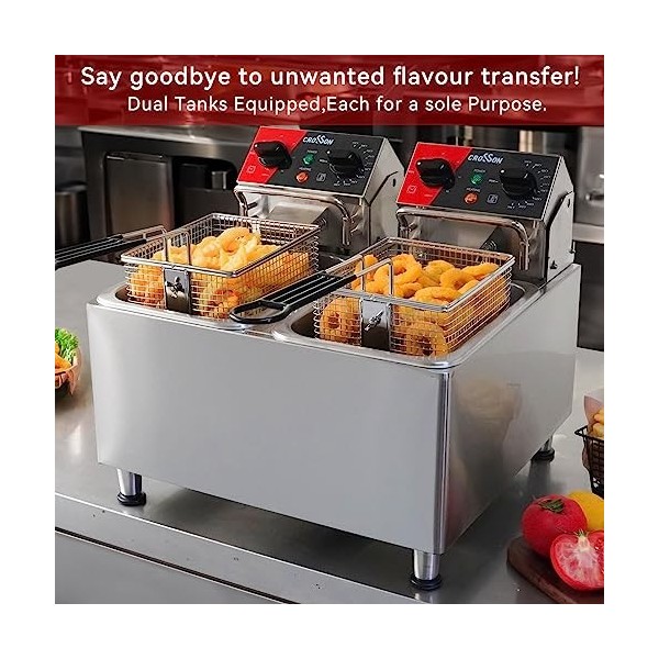 Friteuse électrique CROSSON 8L avec double réservoir et tête de friteuse rotative, minuterie de 30 minutes, thermostat EGO, f