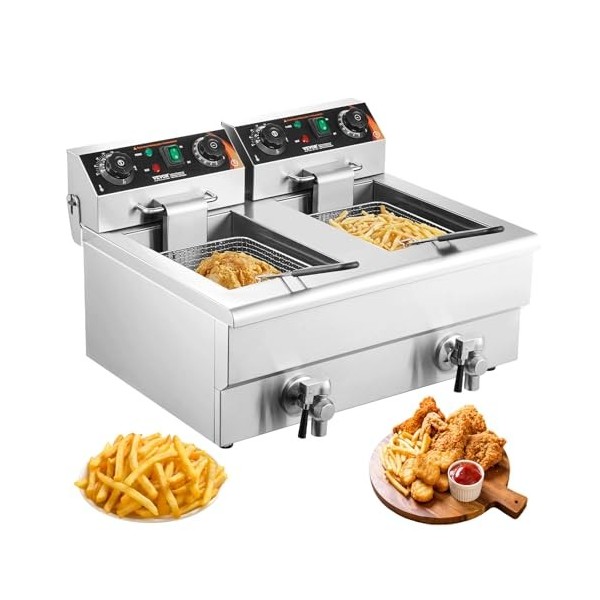 VEVOR Friteuse Électrique Commerciale 2 Cuves de 12 L 6000 W Friteuse à Huile en Inox avec 2 Paniers à Frire Température et T