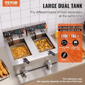 VEVOR Friteuse Électrique Commerciale 2 Cuves de 12 L 6000 W Friteuse à Huile en Inox avec 2 Paniers à Frire Température et T