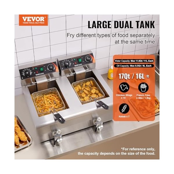 VEVOR Friteuse Électrique Commerciale 2 Cuves de 12 L 6000 W Friteuse à Huile en Inox avec 2 Paniers à Frire Température et T