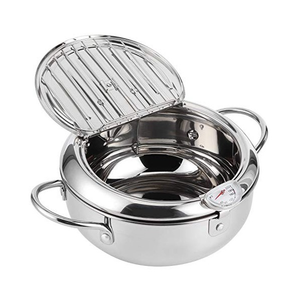 Friteuse, Marmite Japonaise avec Thermomètre, Friteuse en Acier Inoxydable 304 avec Grille de Vidange Dhuile pour Frites Tem