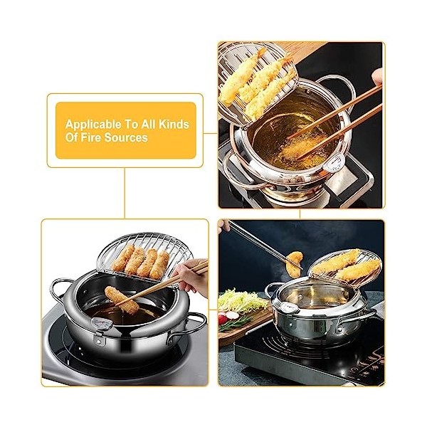 Friteuse Tempura,marmite à frire profonde en acier inoxydable avec couvercle et égouttoir à huile, marmite à frire de style j