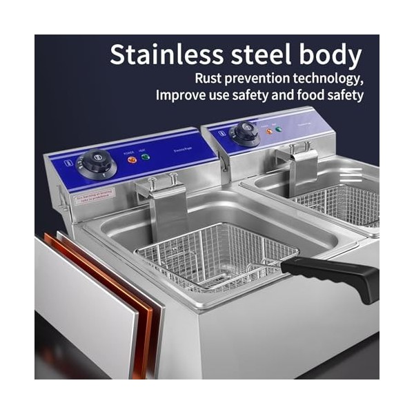 Friteuse électrique INOX Double Réservoir Professionnelle, Commerciale Electrique Friteuse Réservoir Amovible, 3000W+3000W, T