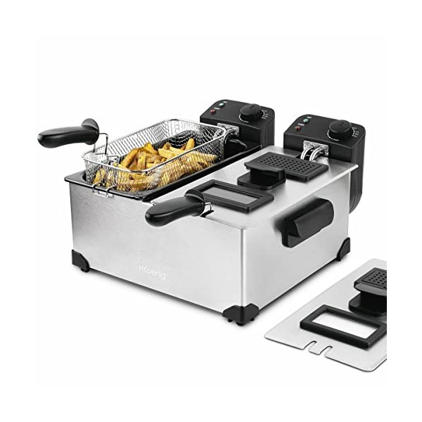 H.Koenig Friteuse Acier inoxydable double bac DFX600, 2 thermostats indépendants 3L chaque, Paniers amovibles compatibles lav