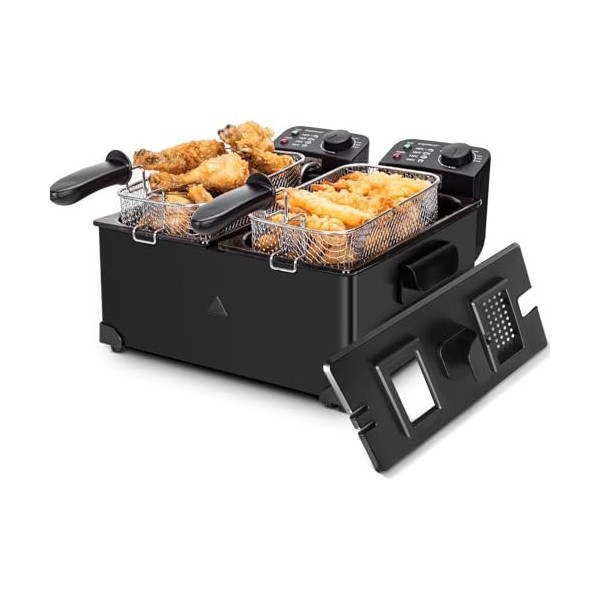 Aigostar Feast - Friteuse à double cuve indépendantes 0% BPA. 3600W, capacité totale 6L : 2 x 3L. 2 thermostats, 2 couvercles