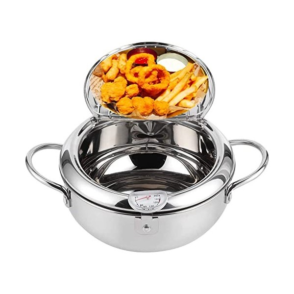 Friteuse Tempura,Mini Friteuse Japonaise Tempura en acier inoxydable japonais,avec Thermomètre Couvercle, domestique Tempura 