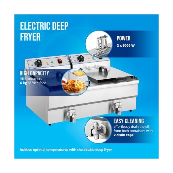 Royal Catering RCSF-16DTH Friteuse Électrique Double Professionnelle 2 x 6 000 W, Volume Total 2 x 16 L, Huile 2 x 10 L, Cou