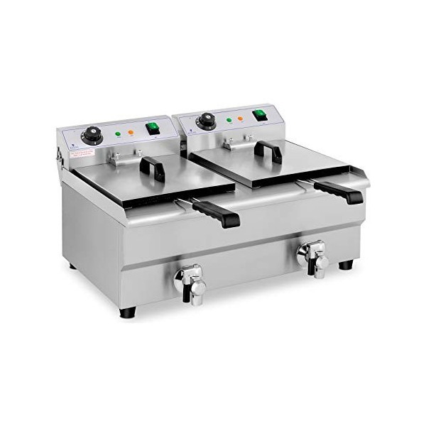 Royal Catering Friteuse Électrique De Restaurant Double Avec Robinet Professionnelle RCEF 13DB 2 Cuve De 13 L, Zone Froide, 