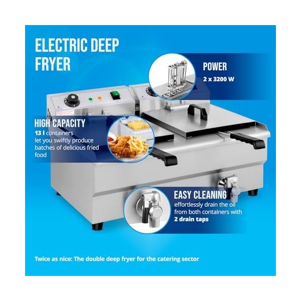 Royal Catering Friteuse Électrique De Restaurant Double Avec Robinet Professionnelle RCEF 13DB 2 Cuve De 13 L, Zone Froide, 