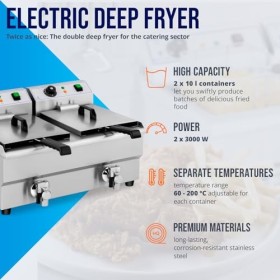 Royal Catering Friteuse Électrique De Restaurant Double Avec Robinet Professionnelle RCEF 10DB 2 Cuves De 10 L, Zone Froide,