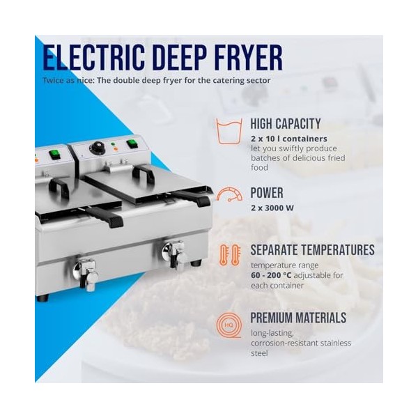 Royal Catering Friteuse Électrique De Restaurant Double Avec Robinet Professionnelle RCEF 10DB 2 Cuves De 10 L, Zone Froide,