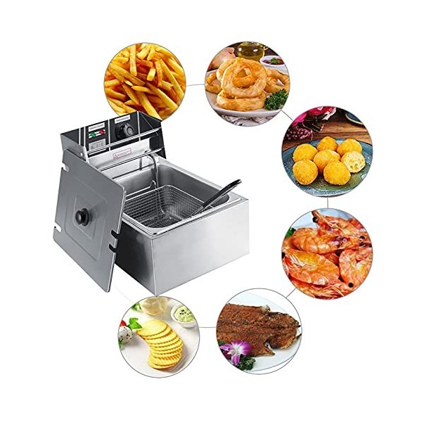 Friteuse Electrique 6L, Unique Réservoir en Acier Inoxydable 2.5 KW Friteuse Commerciale Unique Friteuse avec Filtre Thermost