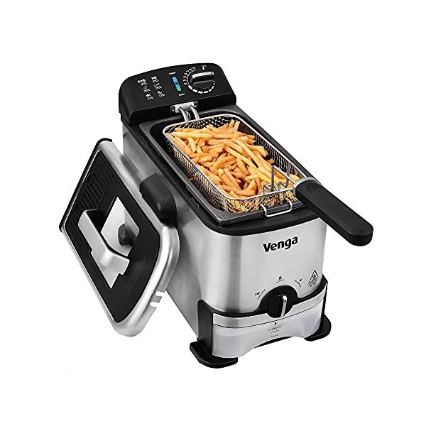 Venga! Friteuse Semi-Professionelle 3 L, avec Filtration et Stockage dHuile, 2 000 W, Noir/Inox, VG FT 3012, Métal