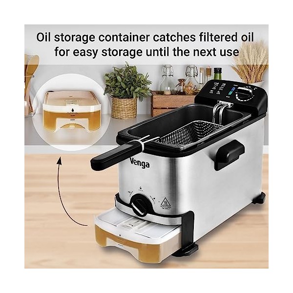 Venga! Friteuse Semi-Professionelle 3 L, avec Filtration et Stockage dHuile, 2 000 W, Noir/Inox, VG FT 3012, Métal