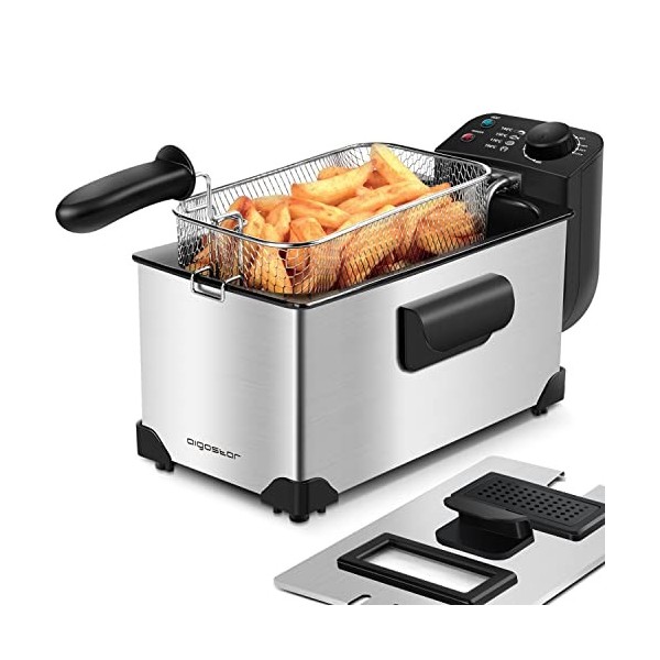 Aigostar Ushas 30HEZ - Friteuse en acier inoxydable de type 304. 2200W, capacite de 3L. Cuve amovible pour vider lhuile. 100
