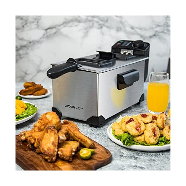 Aigostar Ushas 30HEZ - Friteuse en acier inoxydable de type 304. 2200W, capacite de 3L. Cuve amovible pour vider lhuile. 100