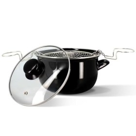MENASTYL - Friteuse 26cm en acier émaillé noir et bord chrome - Fournie avec couvercle et panier, pour des frites maison déli