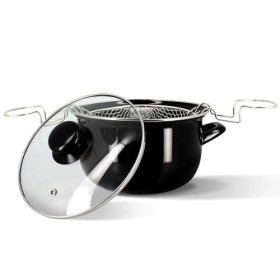 MENASTYL - Friteuse 20cm en acier émaillé noir et bord chrome - Fournie avec couvercle et panier, pour des frites maison déli