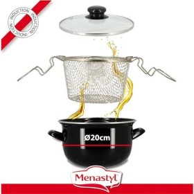 MENASTYL - Friteuse 20cm en acier émaillé noir et bord chrome - Fournie avec couvercle et panier, pour des frites maison déli