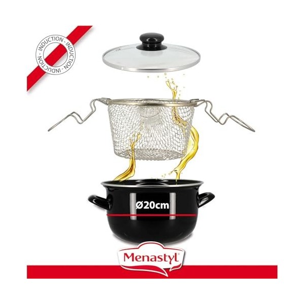 MENASTYL - Friteuse 20cm en acier émaillé noir et bord chrome - Fournie avec couvercle et panier, pour des frites maison déli