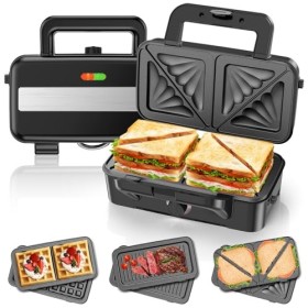 Appareil Croque Monsieur 3 en 1, Gaufrier 1200W avec Contrôle de Température à 5 Vitesses, Machine à Sandwich avec 3 Plaques 