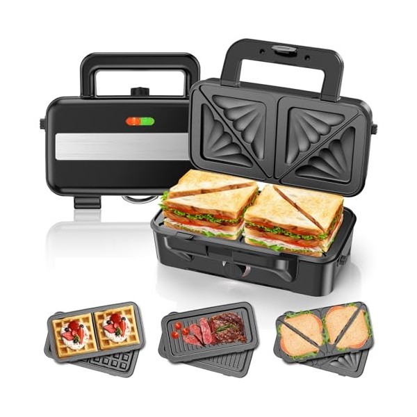 Appareil Croque Monsieur 3 en 1, Gaufrier 1200W avec Contrôle de Température à 5 Vitesses, Machine à Sandwich avec 3 Plaques 
