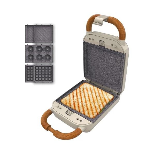 Cecotec Appareil à Sandwichs RocknToast Retro One Beige. Machine à Sandwich Rétro 700W, 3 Plaques Pour Sandwiches, Gaufres e