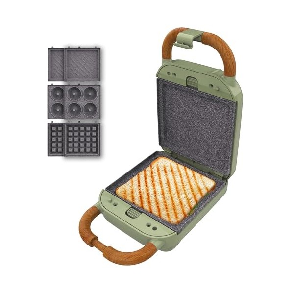 Cecotec Appareil à Sandwichs RocknToast Retro One Green. Machine à Sandwich Rétro 700W, 3 Plaques Interchangeables Pour Sand