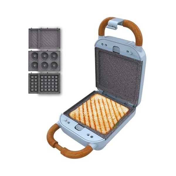 Cecotec Appareil à Sandwichs RocknToast Retro One Blue. Machine à Sandwich Rétro 700W, 3 Plaques Interchangeables Pour Sandw