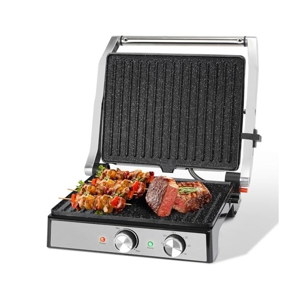 Aigostar Grill Electrique, Gril Viande et Panini, Revêtement Antiadhésif en Céramique, Minuterie de 30min, 2000W, Ouverture à