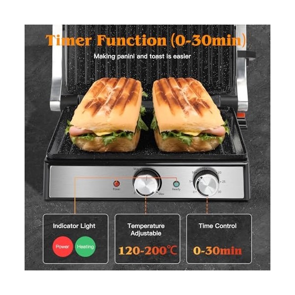 Aigostar Grill Electrique, Gril Viande et Panini, Revêtement Antiadhésif en Céramique, Minuterie de 30min, 2000W, Ouverture à