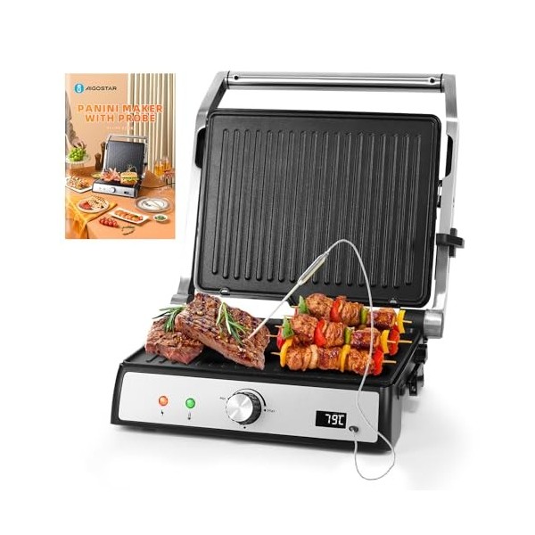 Aigostar Grill Panini, Grille-pain à Sandwich Avec Sonde Alimentaire, Plaques Antiadhésives Amovibles, Grill électrique, 2000