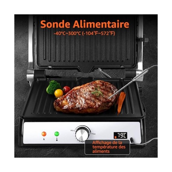 Aigostar Grill Panini, Grille-pain à Sandwich Avec Sonde Alimentaire, Plaques Antiadhésives Amovibles, Grill électrique, 2000