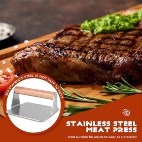 Bzocio Presse à viande en acier inoxydable et bois - Machine à hamburger carrée manuelle - 14 x 7,5 cm