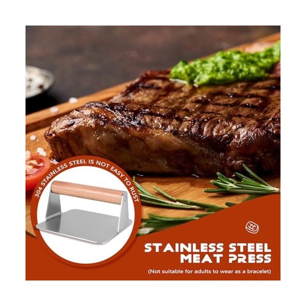 Bzocio Presse à viande en acier inoxydable et bois - Machine à hamburger carrée manuelle - 14 x 7,5 cm