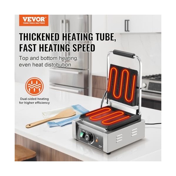 VEVOR Grill Électrique 1800 W, Presse à Panini Commercial en Inox, Appareil à Sandwich avec Contrôle de la Température et Pla