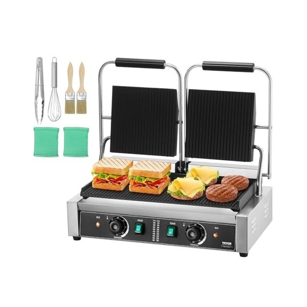 VEVOR Grill Électrique 3600 W, Double Presse à Panini Commercial en Inox, Appareil à Sandwich avec Contrôle de la Température