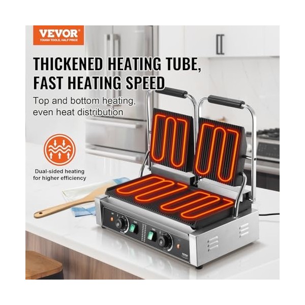 VEVOR Grill Électrique 3600 W, Double Presse à Panini Commercial en Inox, Appareil à Sandwich avec Contrôle de la Température