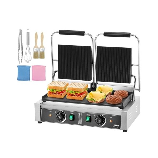 VEVOR Presse Panini Commercial, Grill Électrique 3600 W en Inox, Double Plaque de Pression, Appareil à Sandwich avec Contrôle