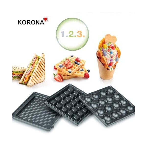 Korona 47020 Machine à sandwich 3 en 1 | 3 jeux de plaques interchangeables avec revêtement antiadhésif | 1. Assiette à sandw