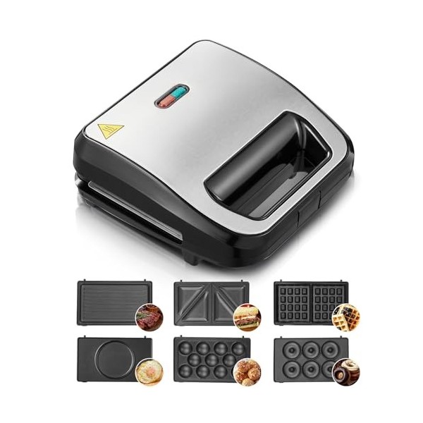 Gaufrier 6 en 1, Appareil Croque Monsieur, 750W Multifonctions Machine Électrique, 6 Plaques Antiadhésives et Détachables, Cu