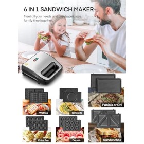 Gaufrier 6 en 1, Appareil Croque Monsieur, 750W Multifonctions Machine Électrique, 6 Plaques Antiadhésives et Détachables, Cu