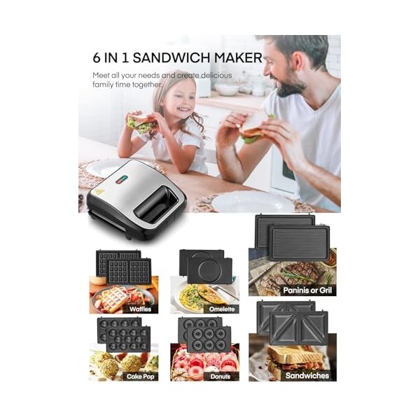 Gaufrier 6 en 1, Appareil Croque Monsieur, 750W Multifonctions Machine Électrique, 6 Plaques Antiadhésives et Détachables, Cu