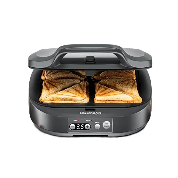 ROMMELSBACHER Appareil à croque-monsieur ST 1800, 4 sandwichs XL, revêtement antiadhésif, minuterie de 15 minutes, arrêt auto