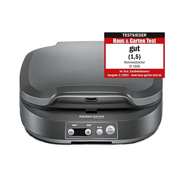 ROMMELSBACHER Appareil à croque-monsieur ST 1800, 4 sandwichs XL, revêtement antiadhésif, minuterie de 15 minutes, arrêt auto